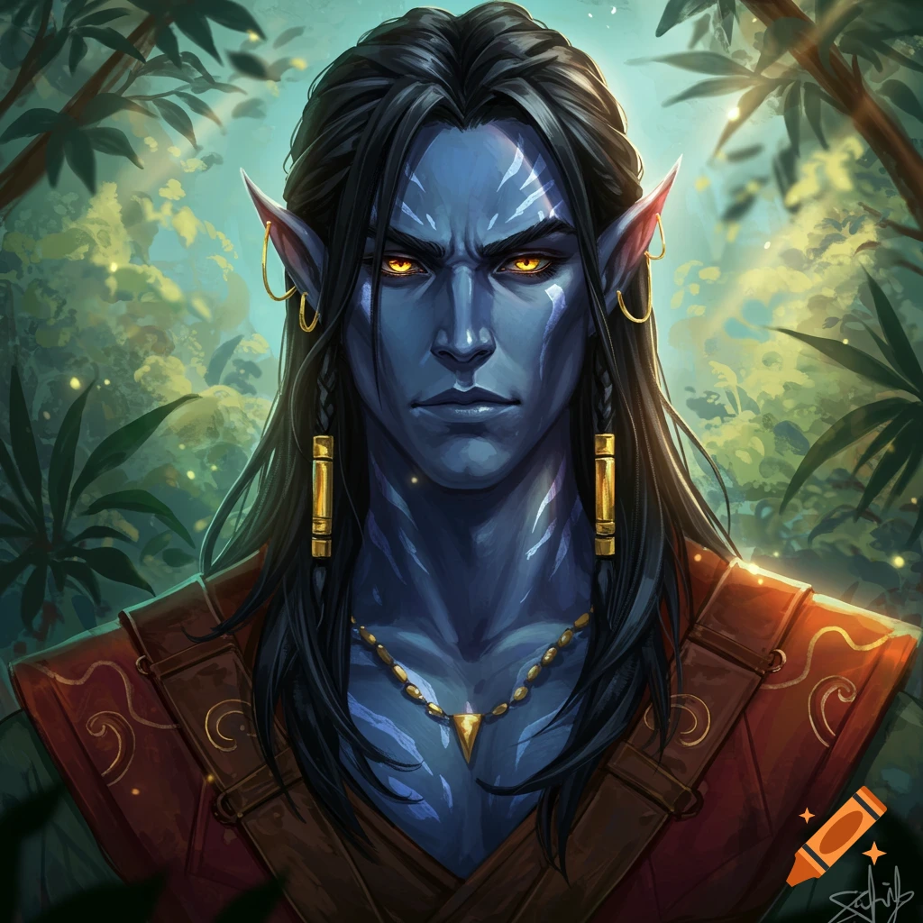Portrait of a blue-skinned fantasy character with glowing eyes in a jungle.