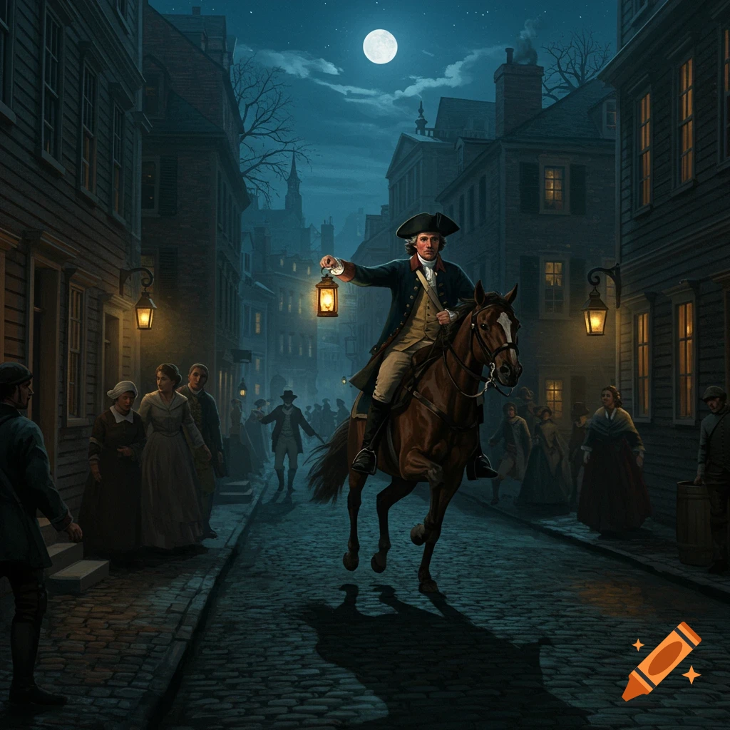 A man on a horse rides through a cobbled street at night, carrying a lantern. People are on the sidewalks and a full moon is visible.
