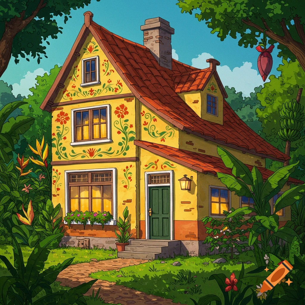 A cartoon illustration of a yellow house with red floral decorations in a lush forest setting.