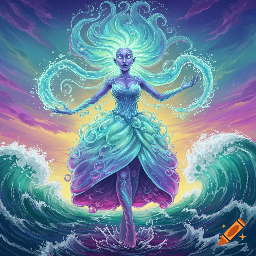 Water spirit figure standing in the sea with waves and a vibrant sky.