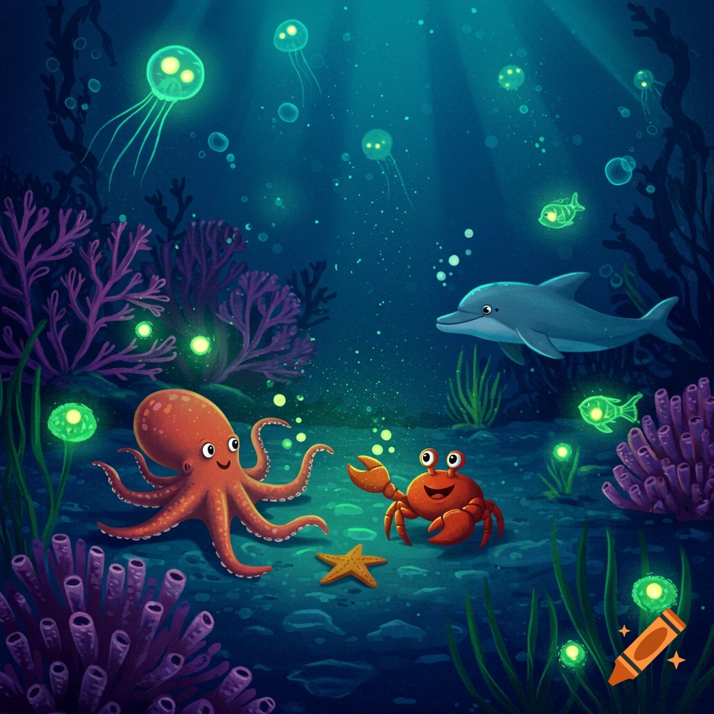 Cartoon illustration of an octopus, crab, dolphin, and jellyfish in a glowing underwater scene
