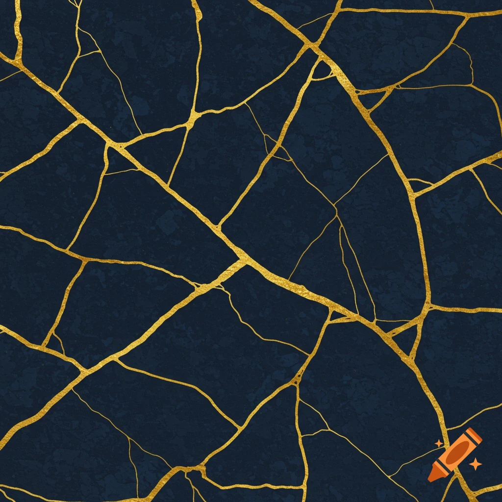 Abstract Kintsugi pattern with gold lines on dark blue
