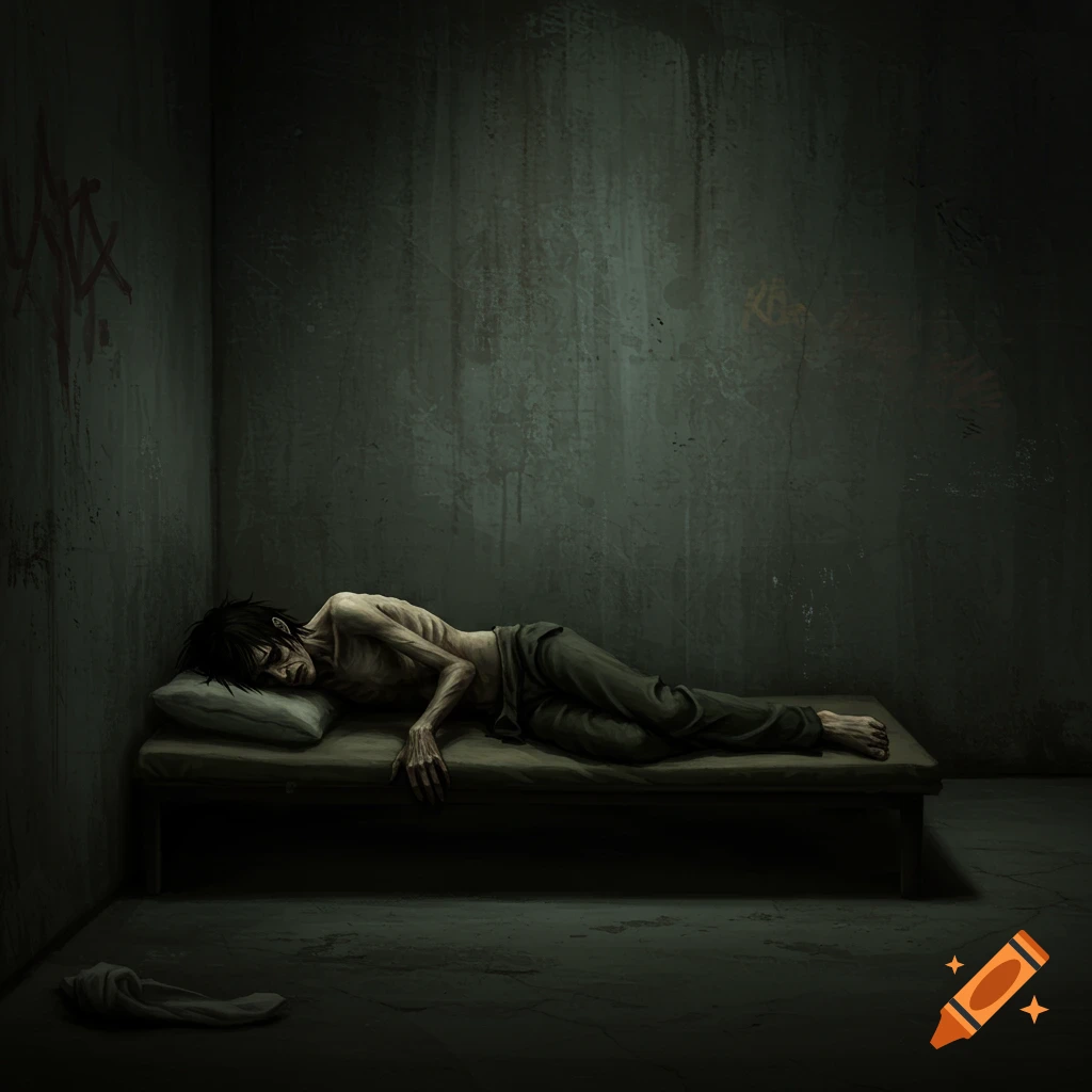 An emaciated figure lies on a bed in a dark room.