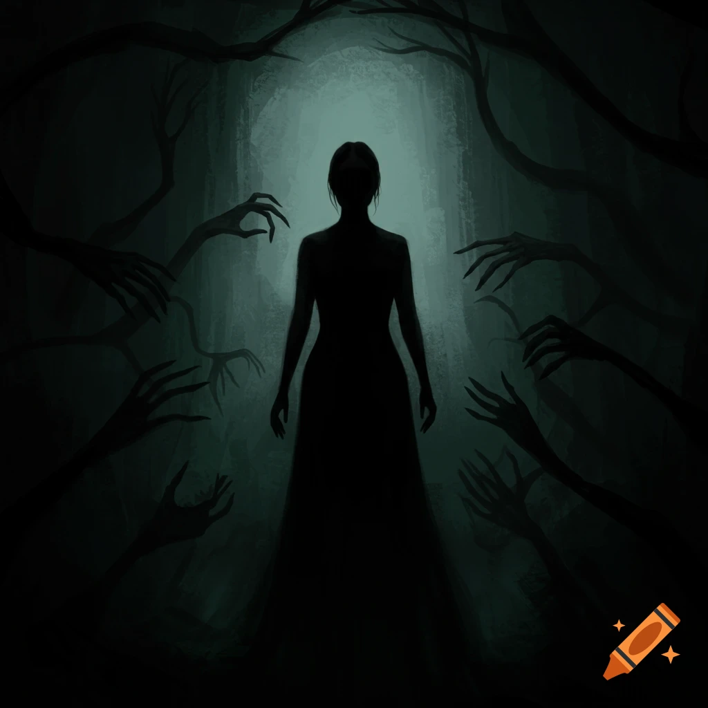 Dark illustration of a woman's silhouette surrounded by shadowy hands or branches in a dark, misty space.