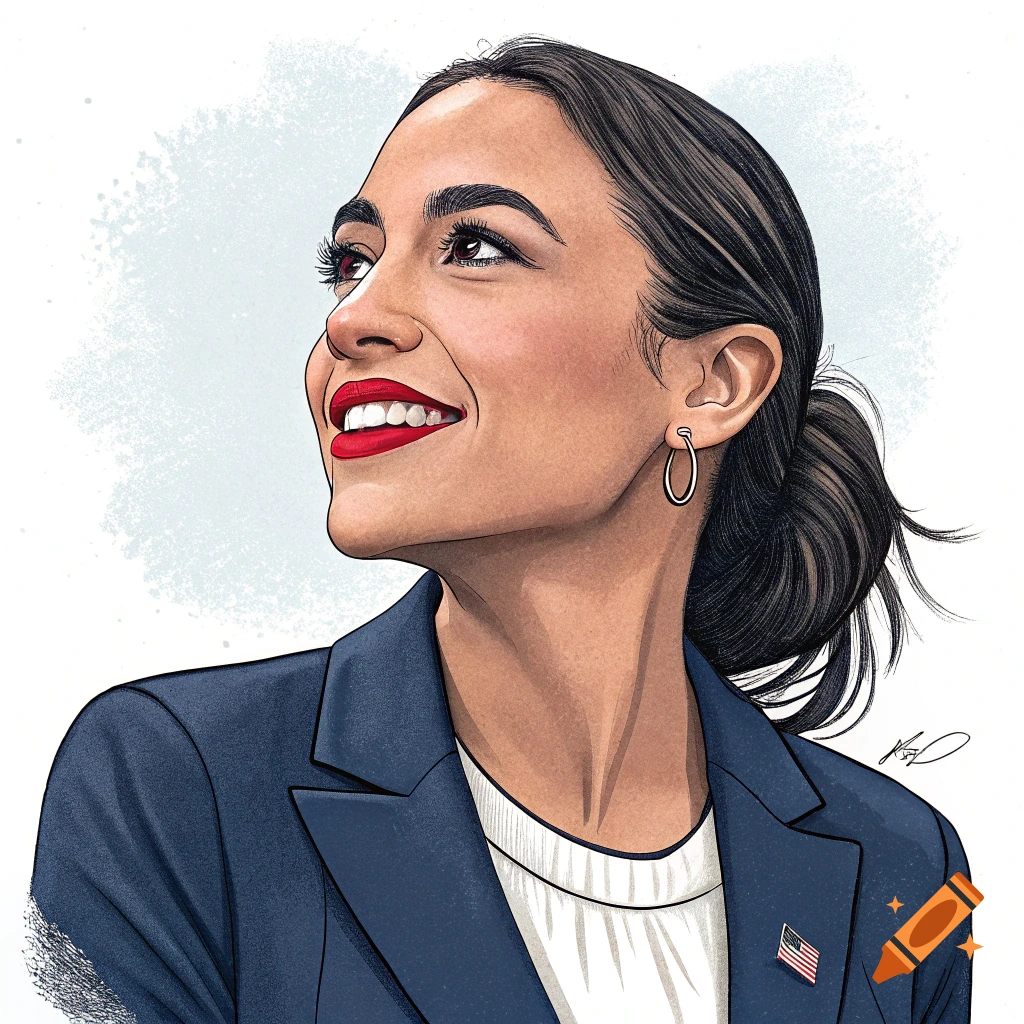 Stylized portrait of Alexandria Ocasio-Cortez smiling, looking up, wearing a blue blazer.