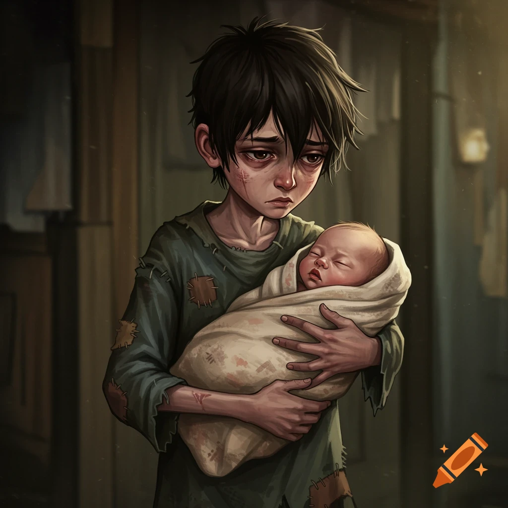 A sad boy holding a baby