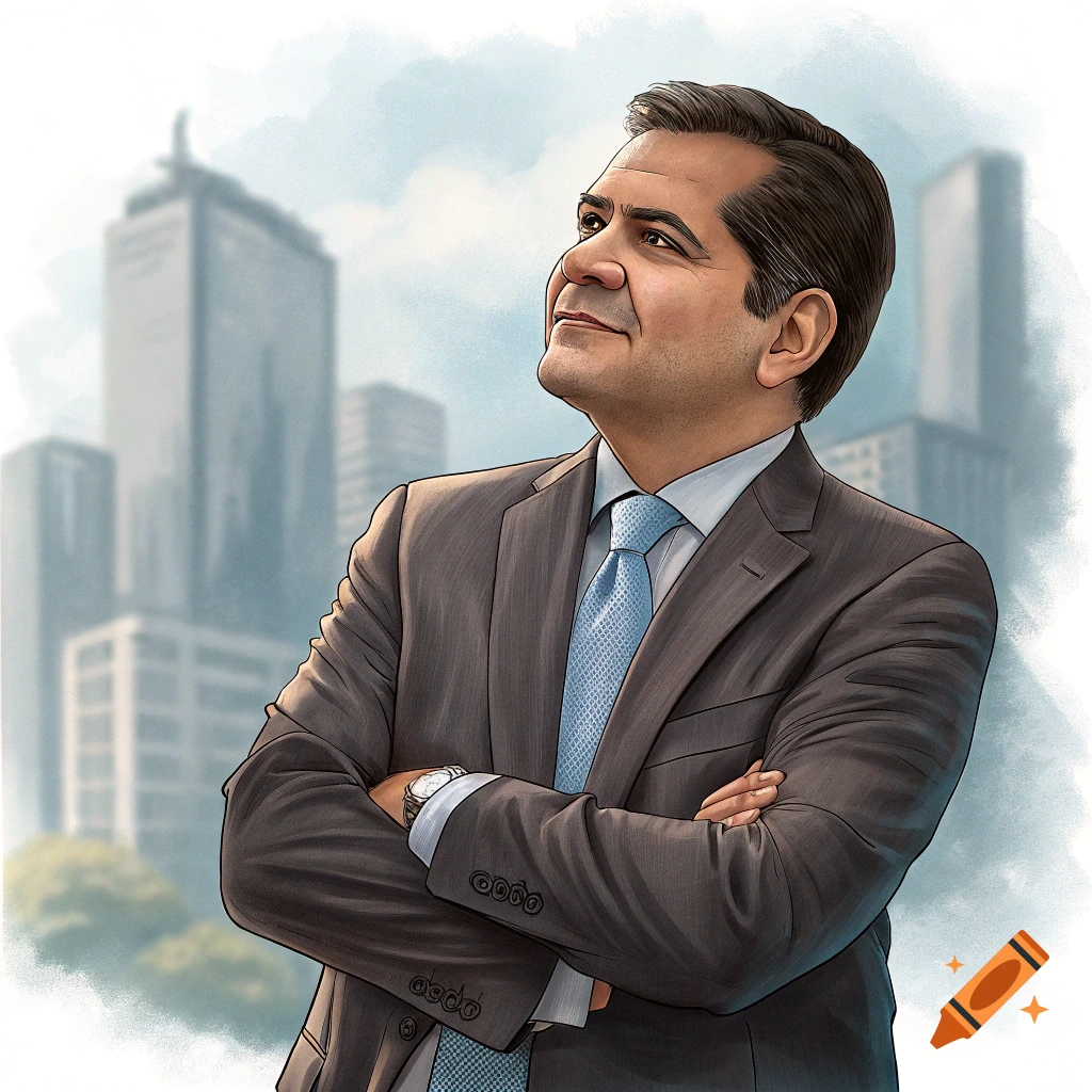 Illustration of a man in a suit with crossed arms looking up at city buildings.