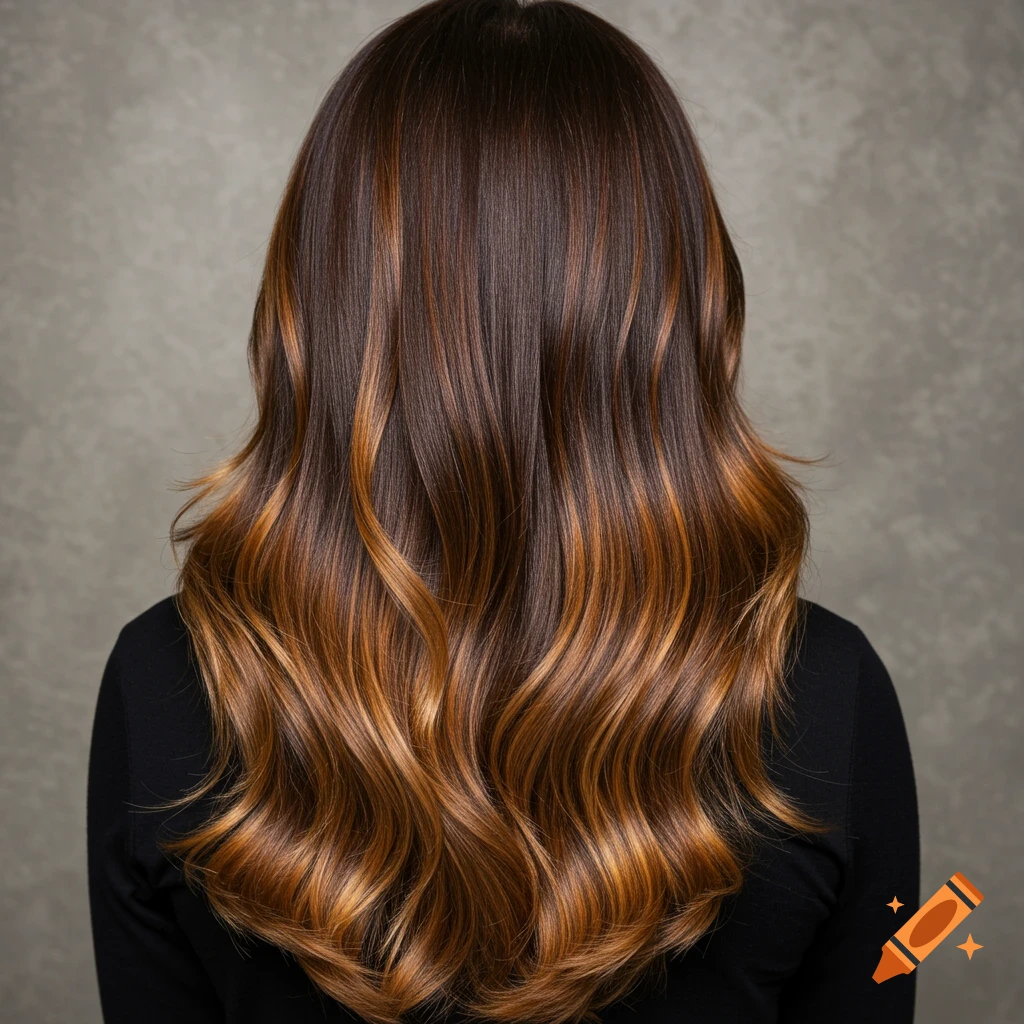 Back view of long wavy hair with brown and caramel balayage highlights.