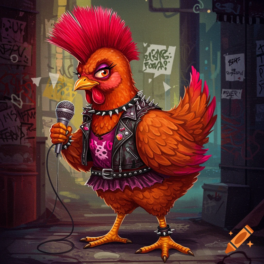 A punk rock chicken with a mohawk and leather jacket, holding a microphone in an urban alley.