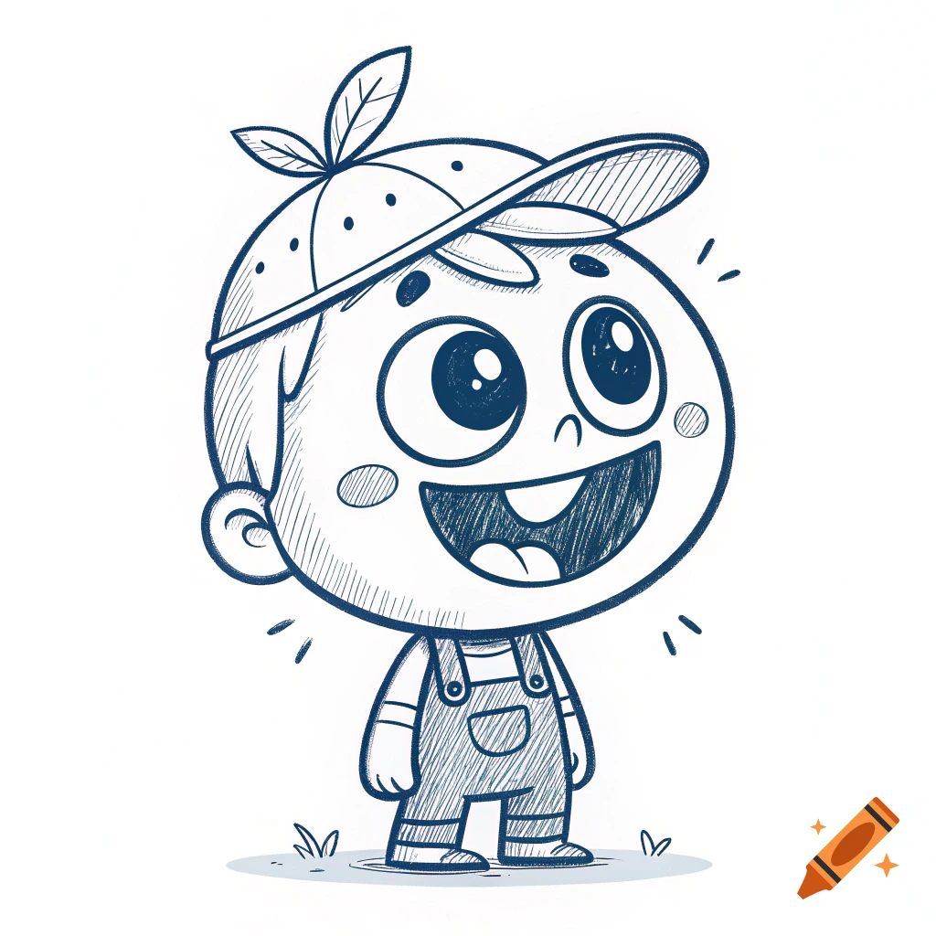Cartoon doodle sketch of a happy boy character with a cap and overalls.