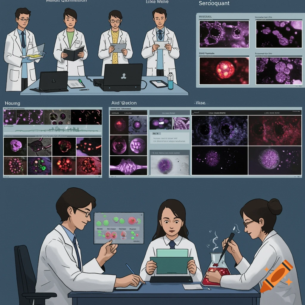 Illustration of scientists working in a lab with screens displaying data and diagrams.