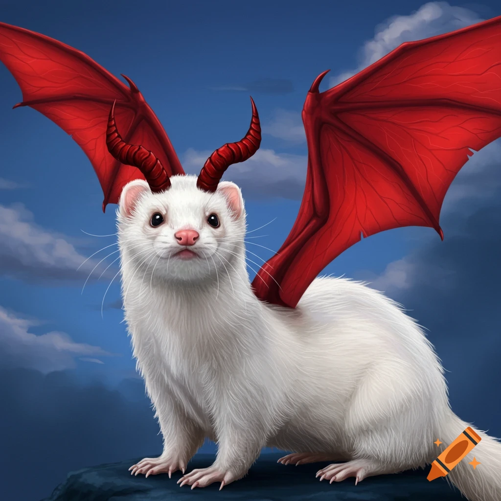 A white ferret with red dragon wings and horns is sitting on a rock against a blue sky.