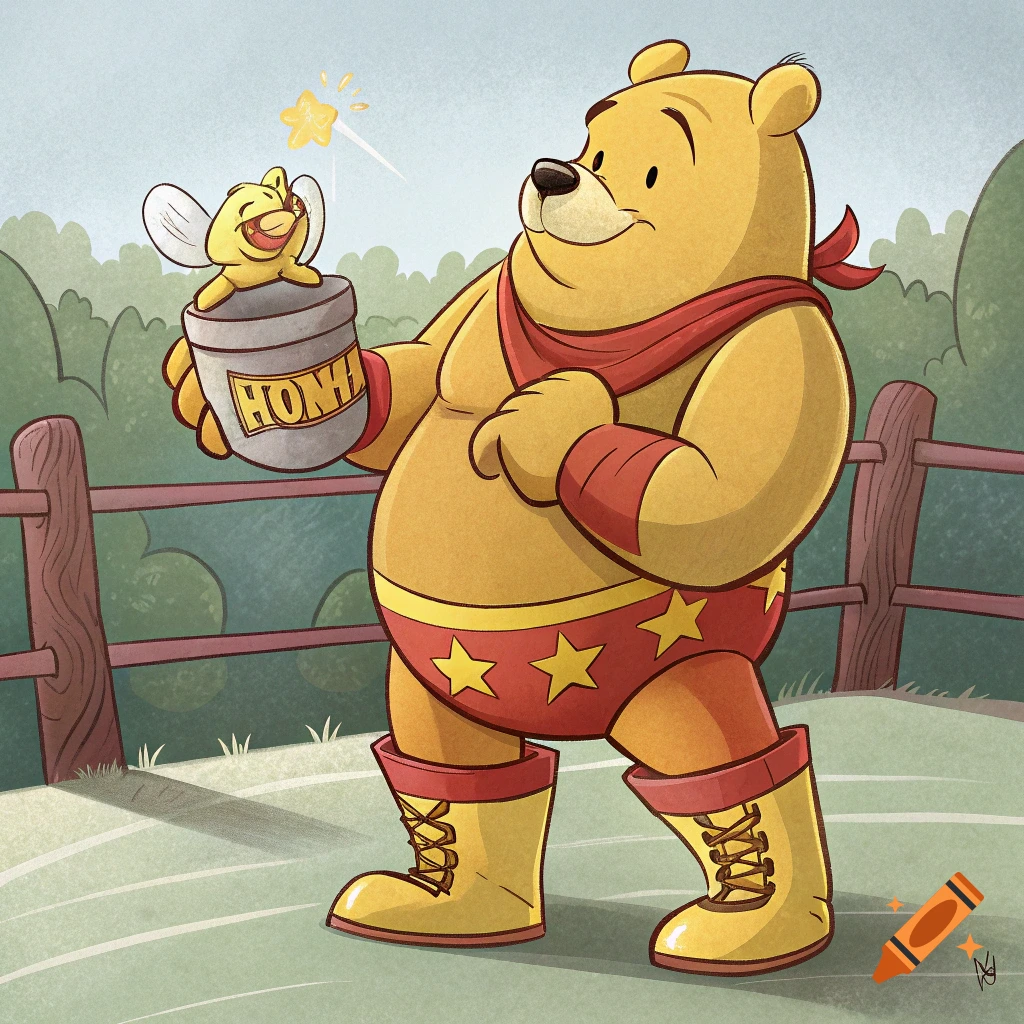 Winnie the Pooh dressed as a wrestler holds a jar and bee in a cartoon style.