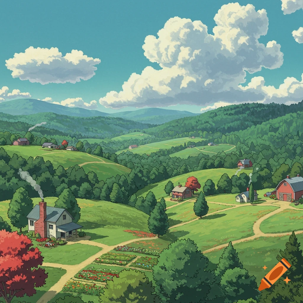 An anime-style landscape showing a valley with houses, hills, and trees under a blue sky.