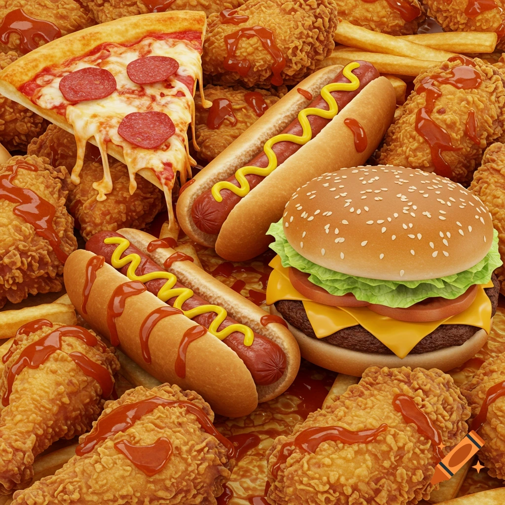A close-up pile of fast food including pizza, hot dogs, a burger, fried chicken, and fries.