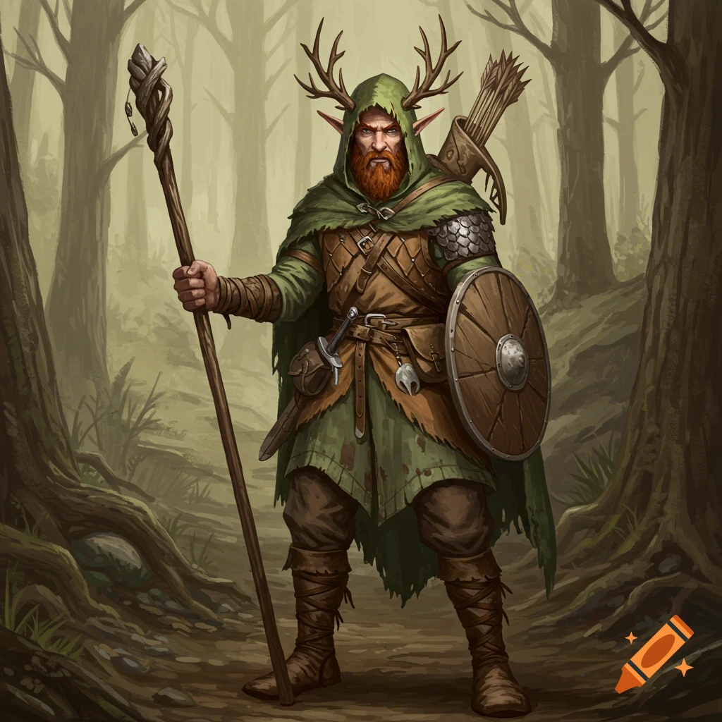Fantasy woodsman character with staff, shield, antlers, and bow in a forest.