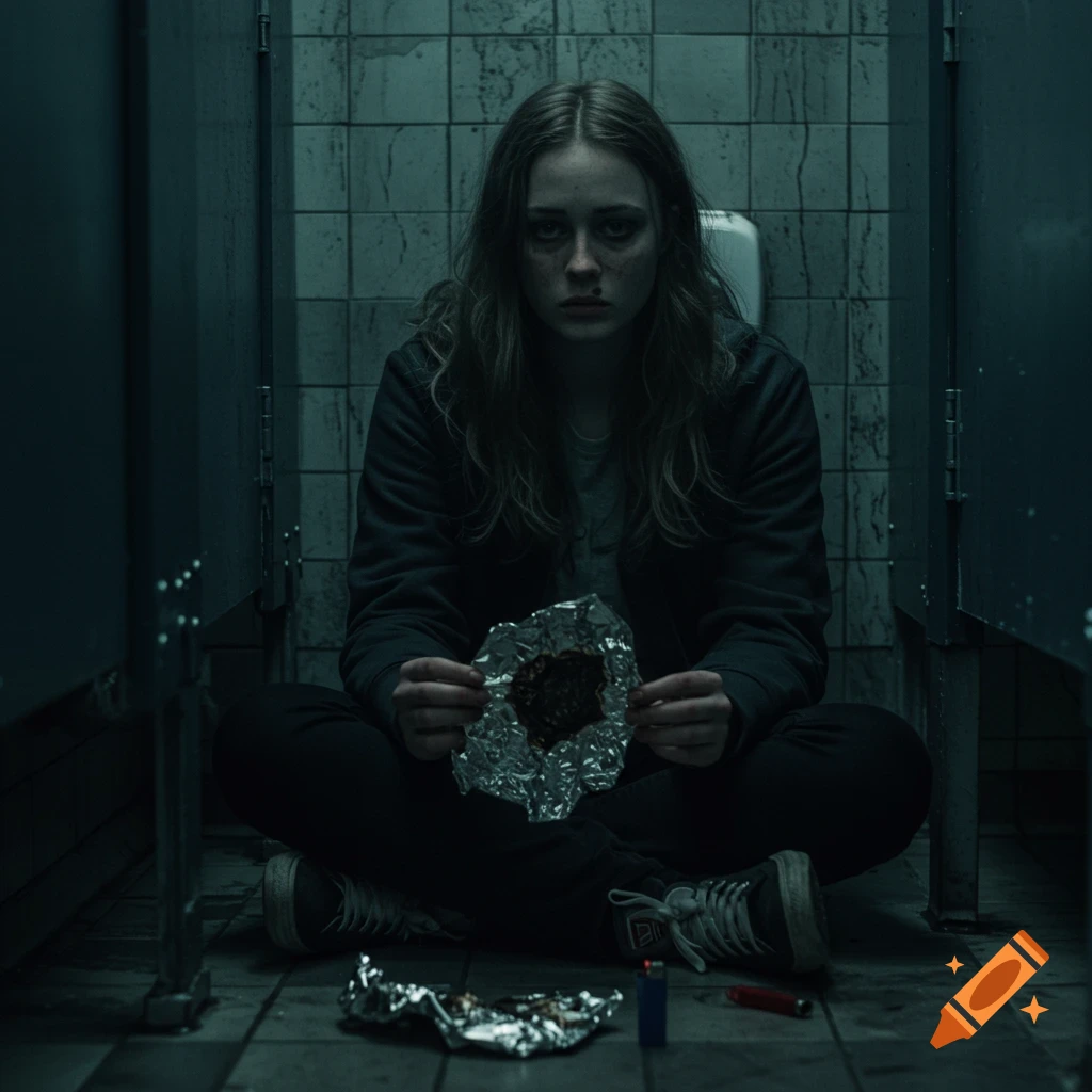 Young woman sits alone in a dirty public bathroom holding burnt foil, a lighter nearby.