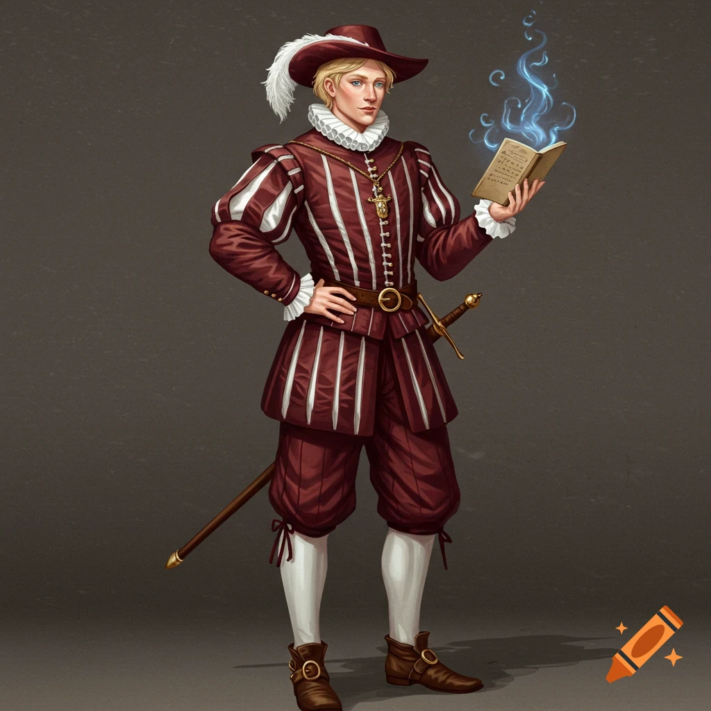 Full body illustration of a man in 16th-century attire holding a book with blue magic.