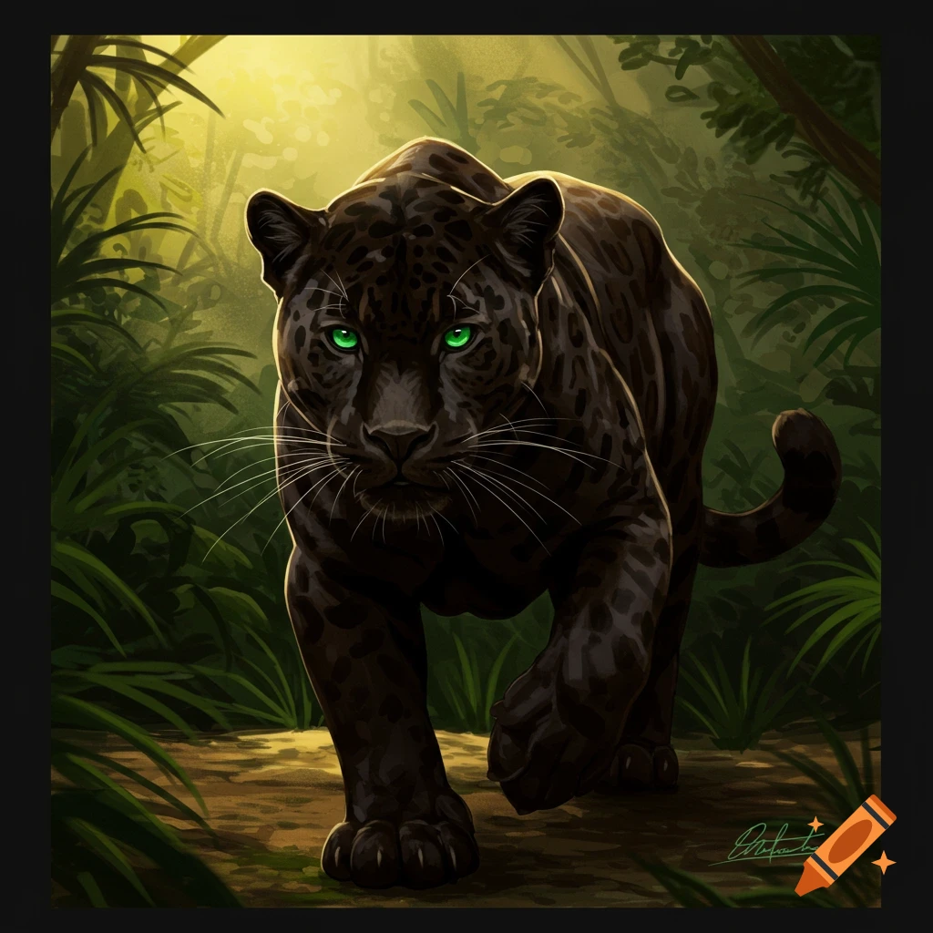 A black panther with green eyes walks through a lush jungle.