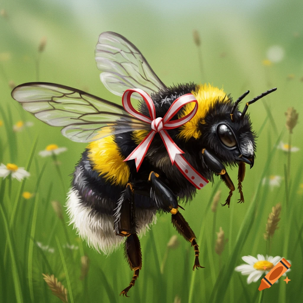 A bumblebee with a red and white ribbon flying in a grassy field with flowers.