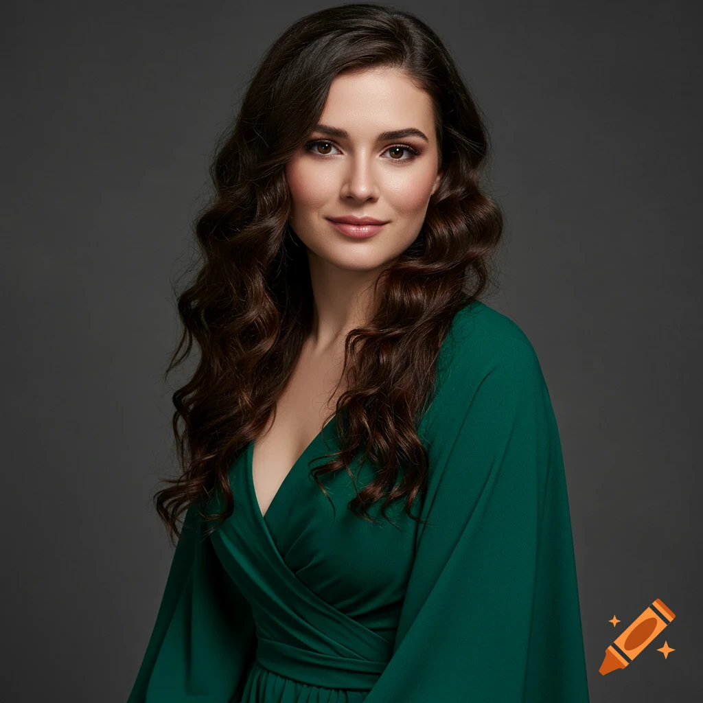 Studio portrait of a woman with long dark curled hair wearing a green dress