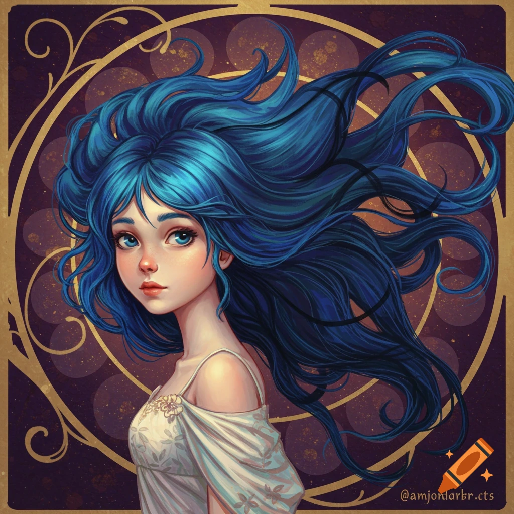 A young woman with flowing blue hair against a golden ornate background.