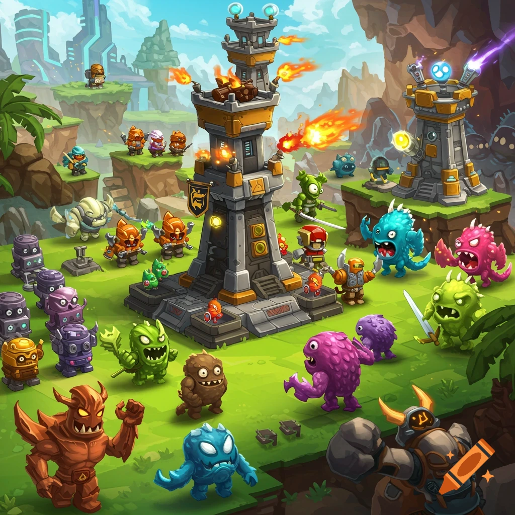 Scene of a tower defense game with cartoon monsters fighting towers and humanoids