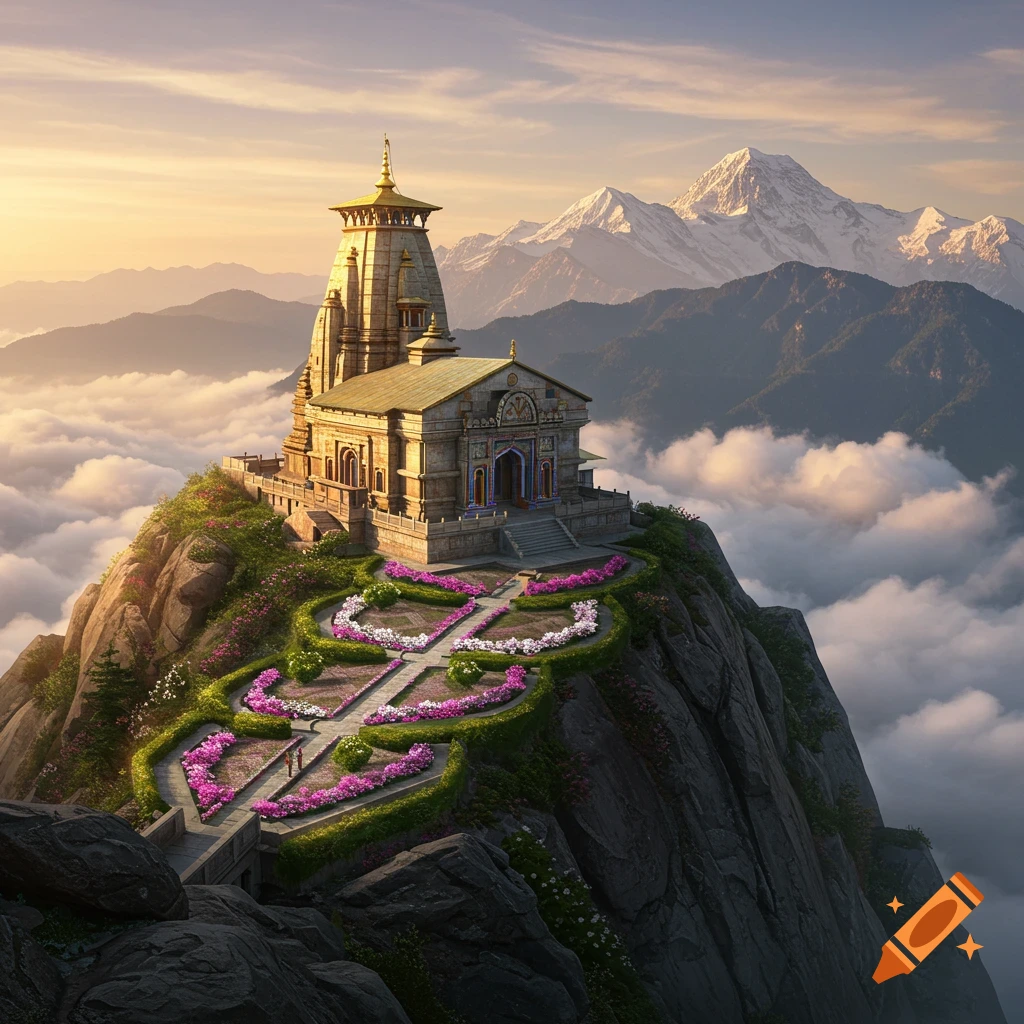A temple on a mountaintop above clouds, with a formal garden in front and snowy mountains in the background.