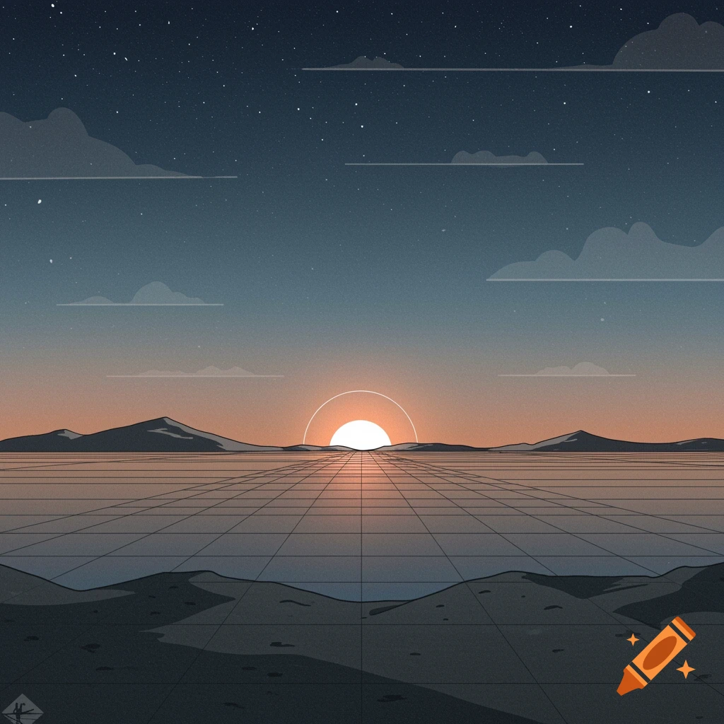 Retro illustration of a sunset over a grid landscape with mountains and stars.