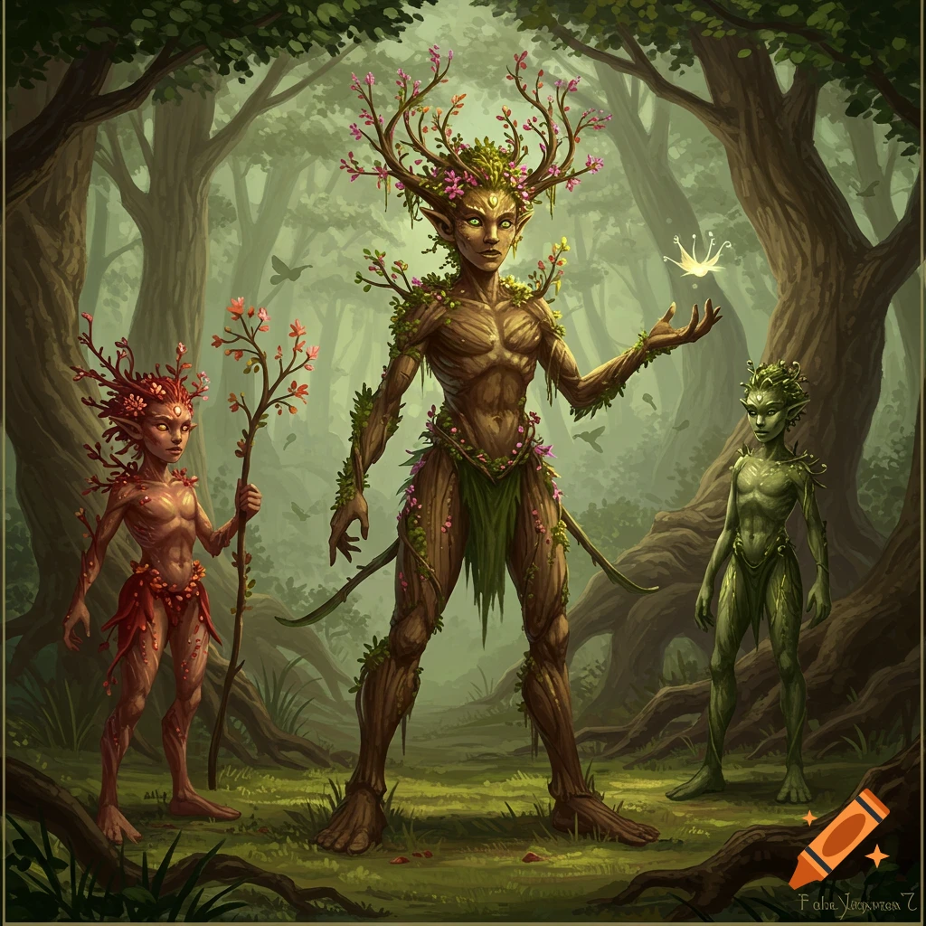 Three plant humanoids are in a forest. The large figure has branches/antlers and holds a light.