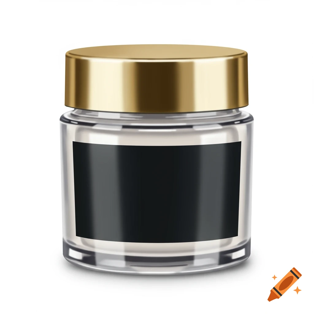 A clear cosmetic jar with a gold lid and a blank black label.