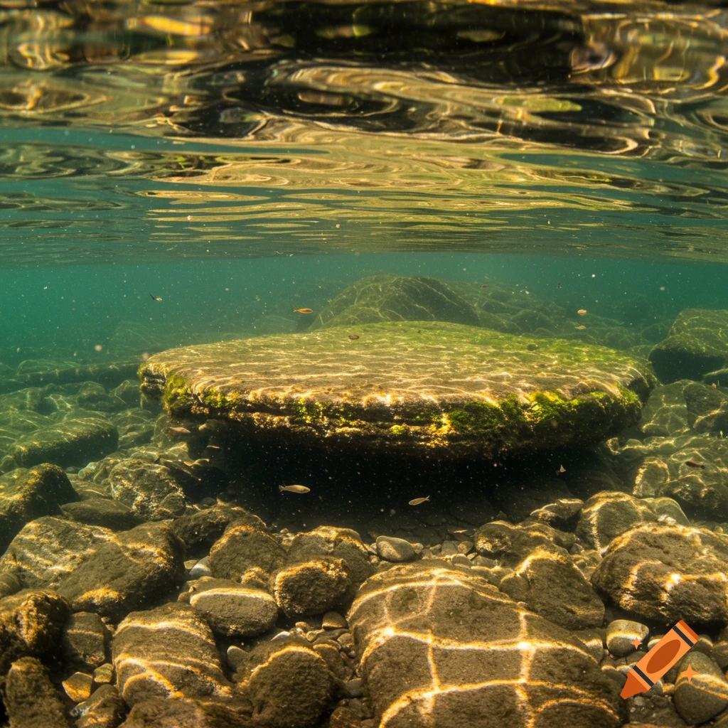 Underwater view of a riverbed with a flat mossy rock, sunlight patterns on the bottom, and small fish.
