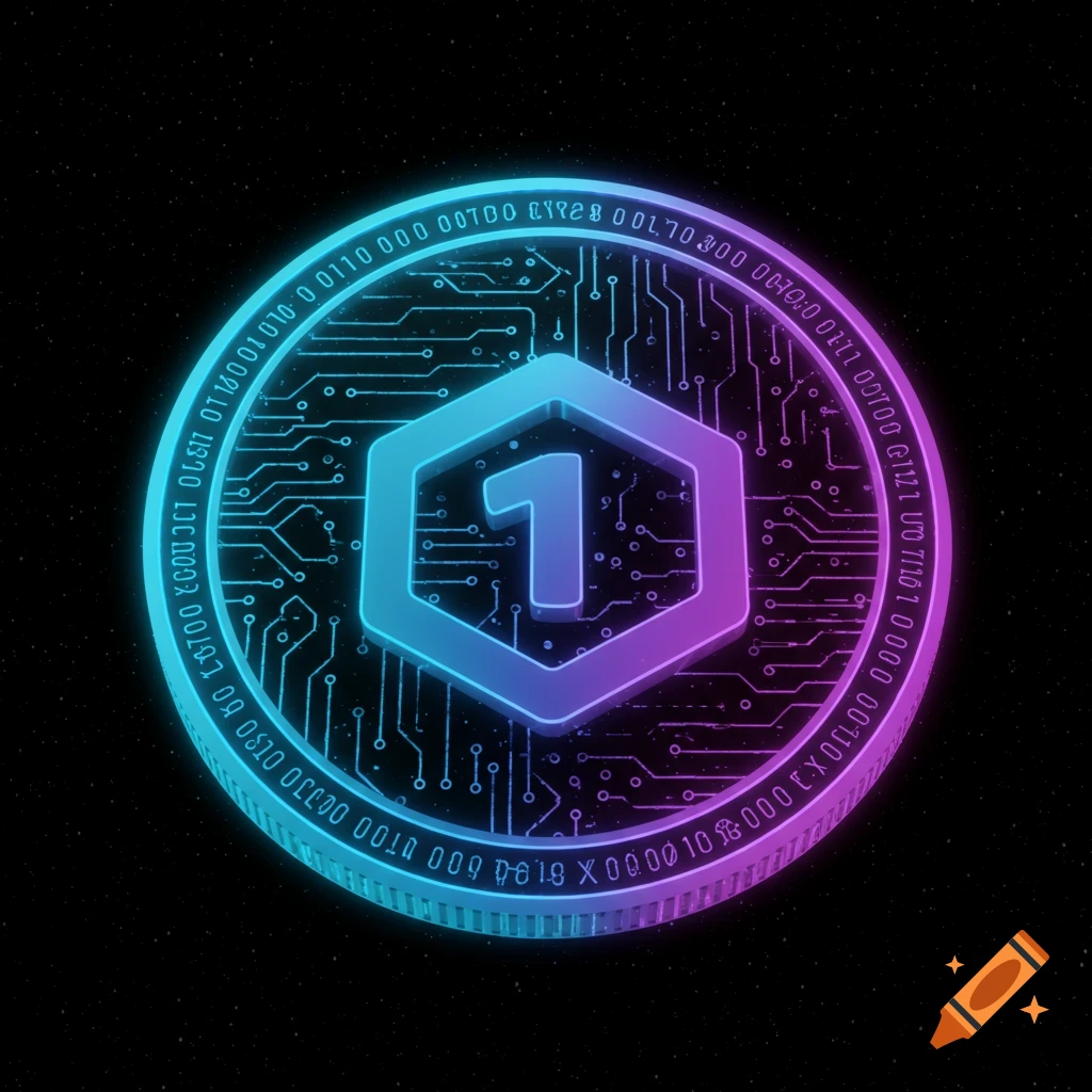 Digital cryptocurrency token with circuit board pattern and glowing number one