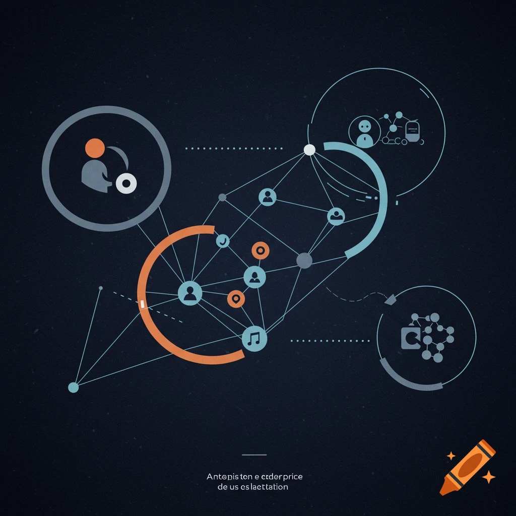 Abstract network diagram with nodes representing people and concepts connected by lines and circles on a dark background.