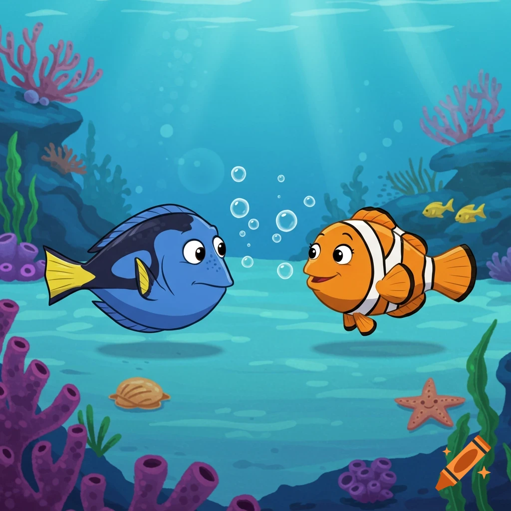 Cartoon blue fish and orange clownfish swimming underwater with bubbles and coral.
