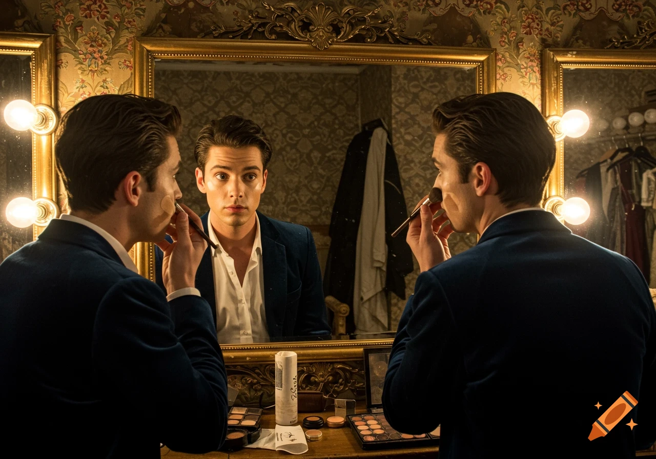 Man applying makeup in a vintage dressing room mirror