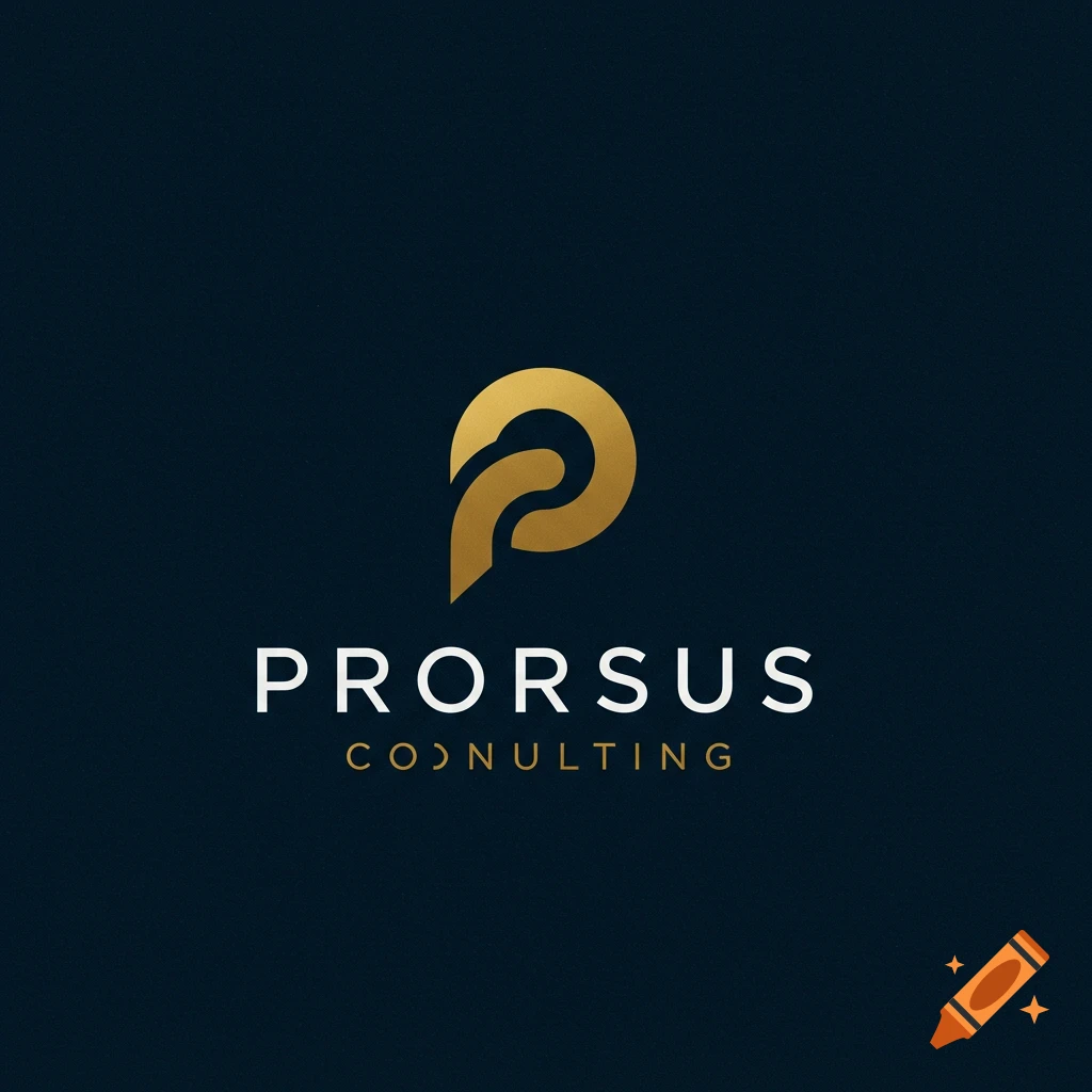 Golden abstract logo with text PRORSUS COONULTING on dark background.