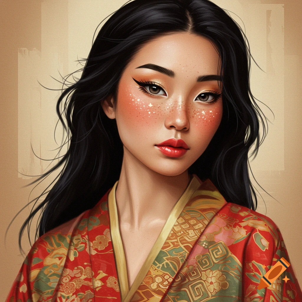 A woman with dark hair and red lips is wearing a red and gold patterned kimono.