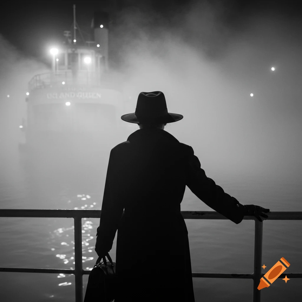 Person in fedora and coat looks at a ferry in dense fog from a dock. Black and white noir style.