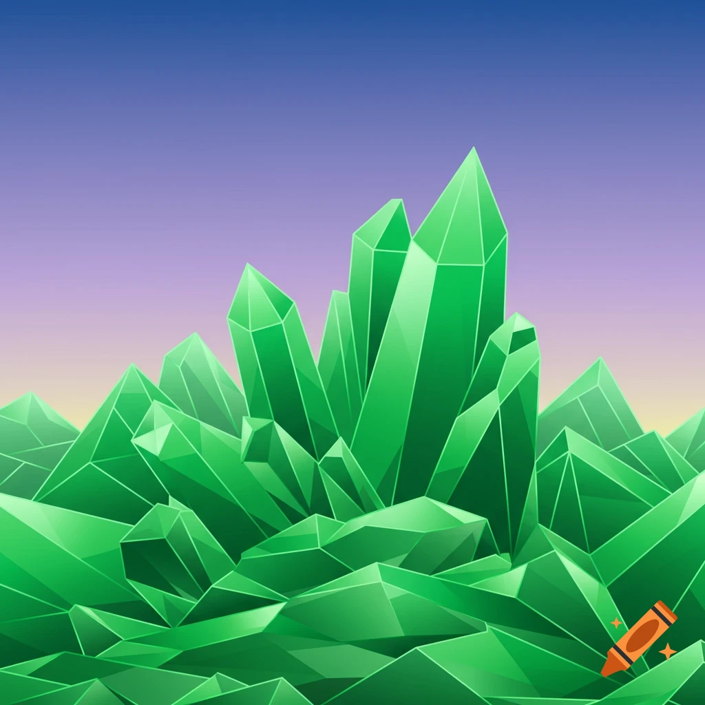 Green geometric crystal mountains under a purple and orange sky, vector graphic style.