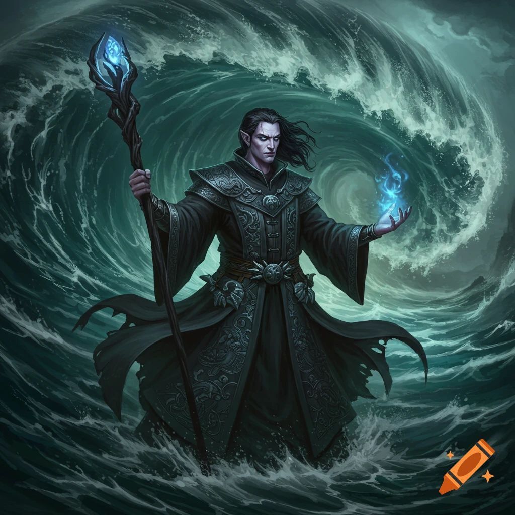 A warlock summons magic in a stormy ocean with a large wave behind him.