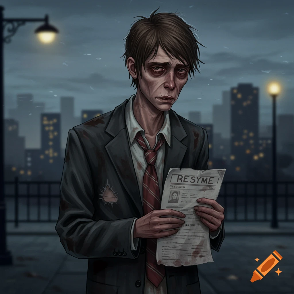 A dejected man in a dirty suit holds a crumpled resume against a city background.