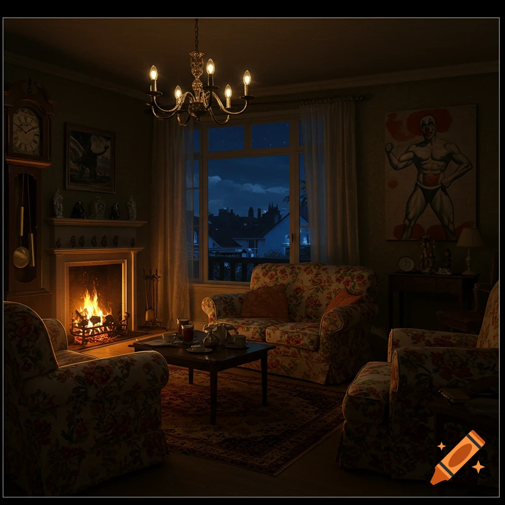 A dimly lit living room features a fireplace, floral furniture, a grandfather clock, and a painting of a muscular clown.