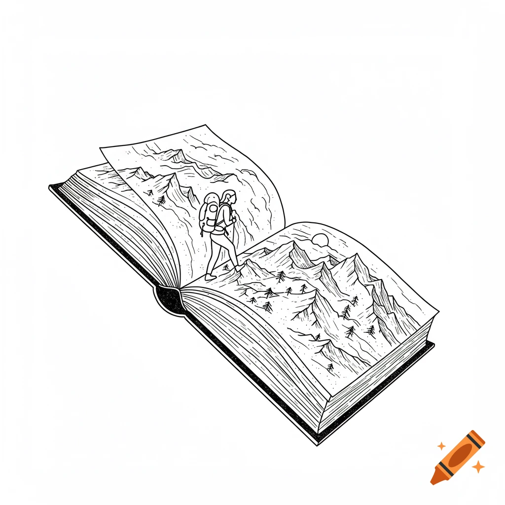 Line drawing illustration of a hiker climbing mountains made of the pages of an open book.