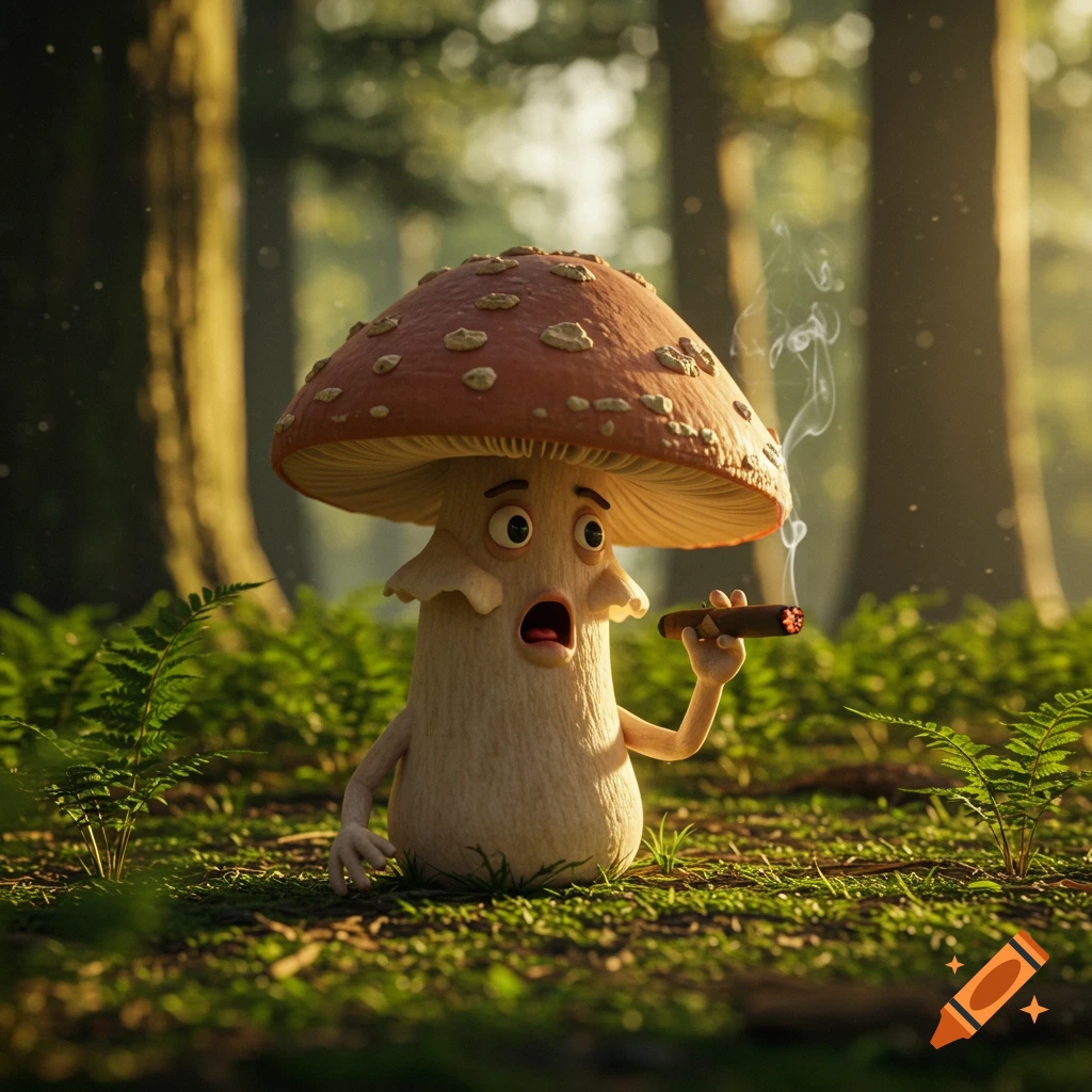 A cartoon mushroom with a shocked face smokes a cigar in a forest clearing.
