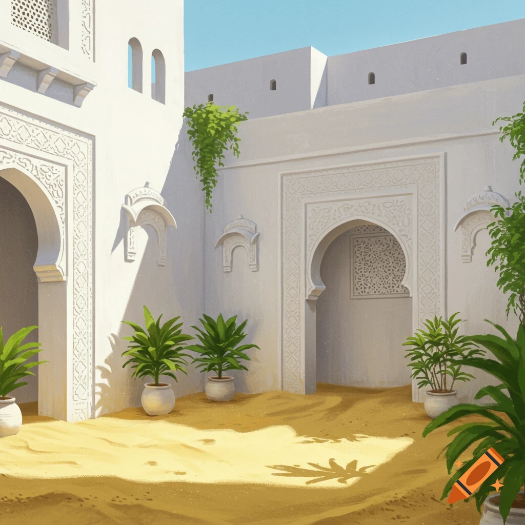 A sunlit white courtyard with sandy ground and potted plants.