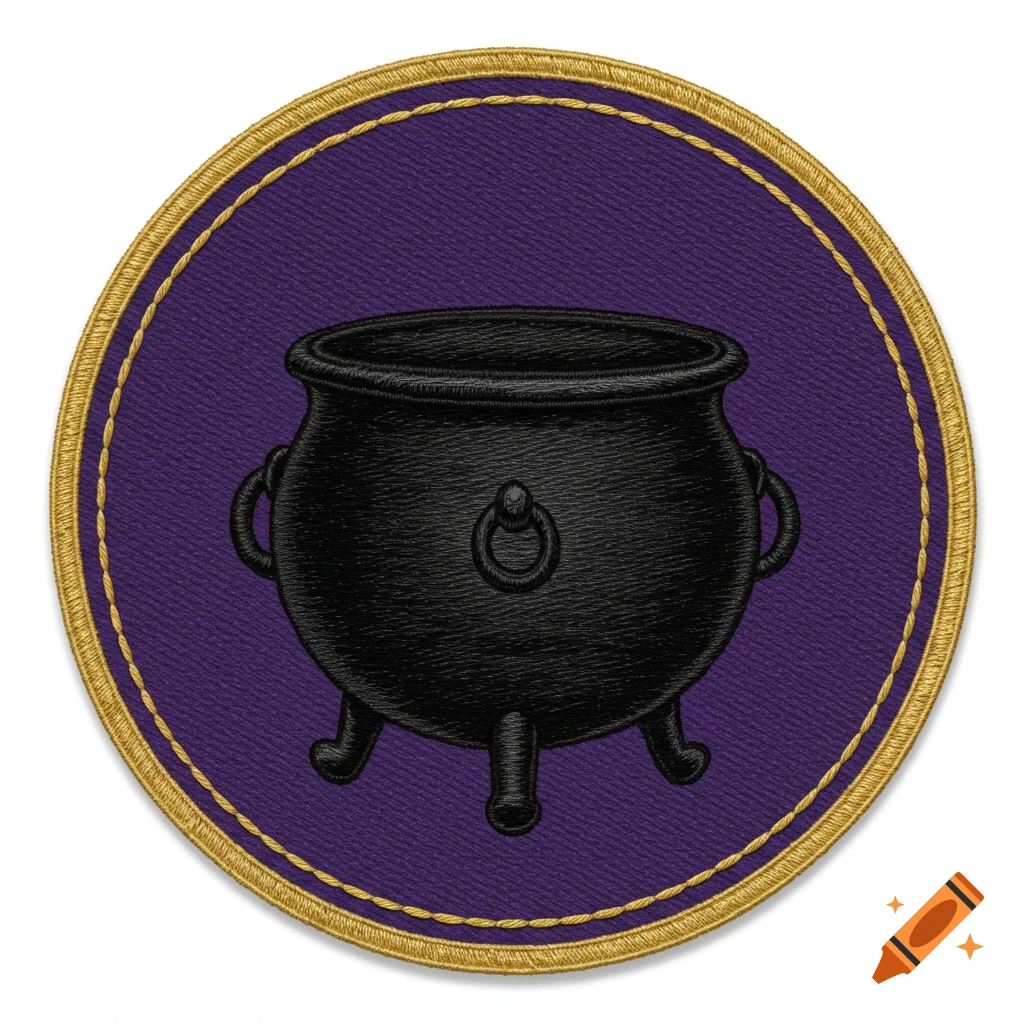 Circular embroidered patch with black witch's cauldron on purple background.