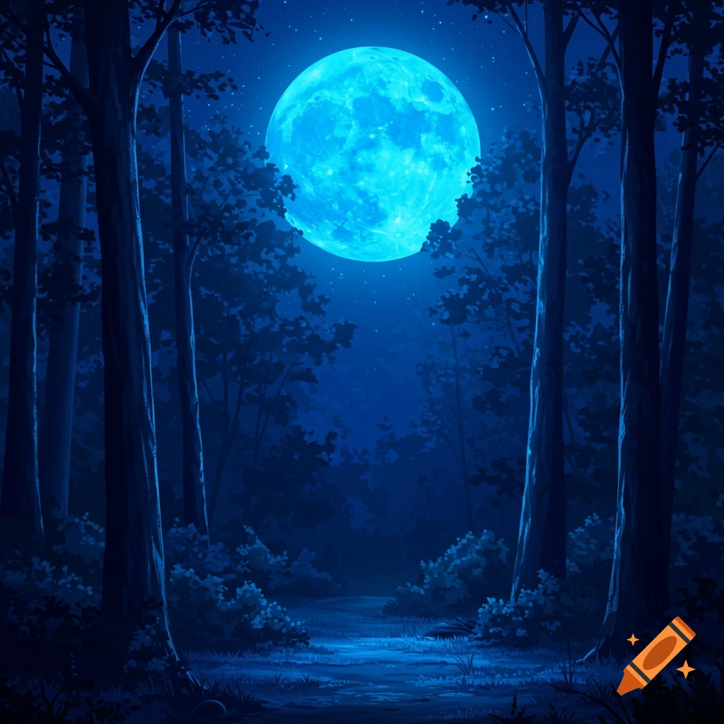 A forest path at night with a large blue moon