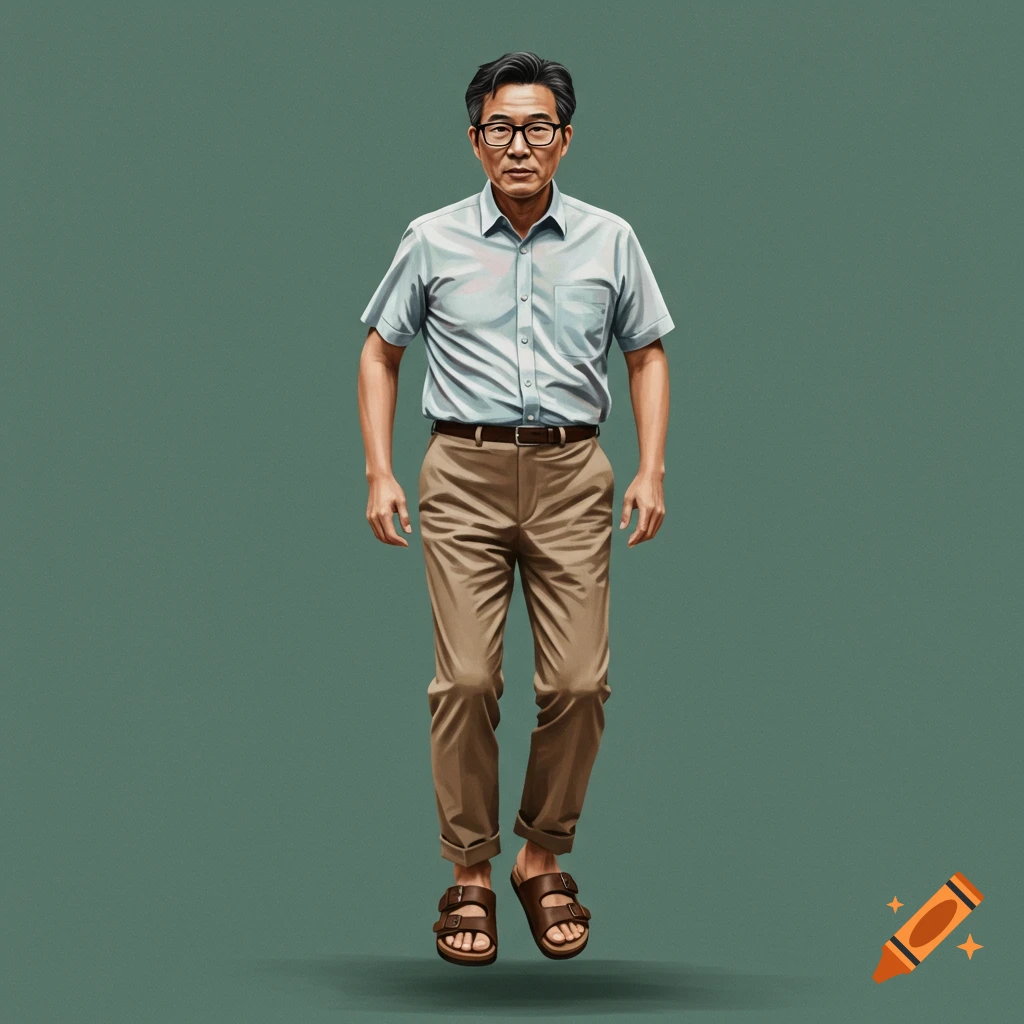 A man in glasses, shirt, pants, and sandals, floating against a green background.