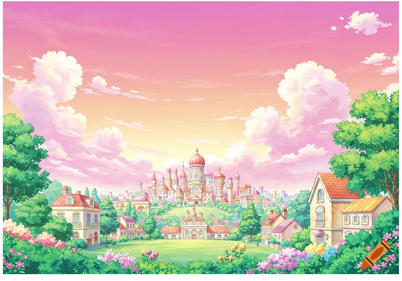 Bright anime landscape with a fantasy city on a hill, houses, trees, and flowers under a pink sky.
